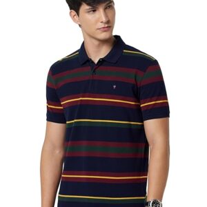 Louis Philippe Men's Slim Fit Striper Design Aesthetic Solid Pique Half Sleeve Polo Tshirt with Stretch
