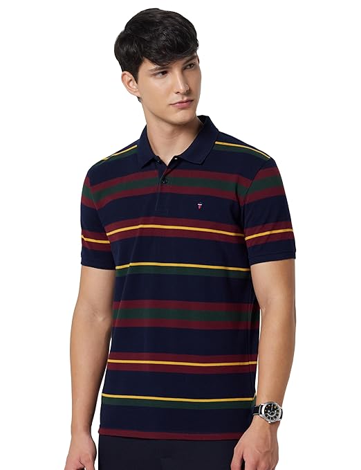Louis Philippe Men's Slim Fit Striper Design Aesthetic Solid Pique Half Sleeve Polo Tshirt with Stretch